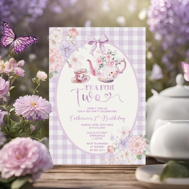 Purple Gingham Floral Tea For Two 2nd Birthday Einladung (Von Creator hochgeladen)