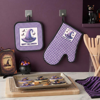 Purple Gingham Halloween Witch Hat and Bats Ofenhandschuh & Topflappen-Set