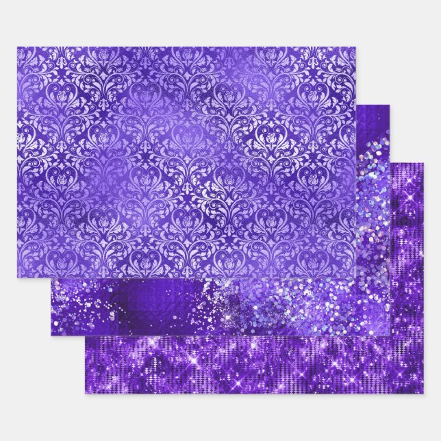 Purple Glam Glitter Sparkle Patterns Geschenkpapier Set (Set)