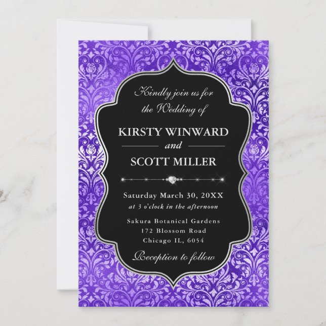 Purple Glam Sparkling Damask Elegant Wedding Einladung (Vorderseite)
