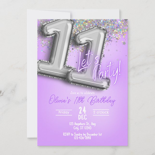 Purple Glitter 11th Birthday Invitation (Devant)