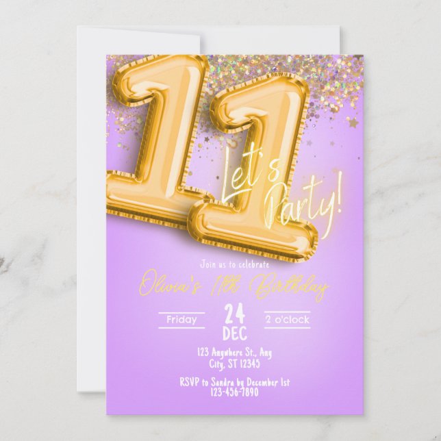 Purple Glitter 11th Birthday Invitation (Devant)