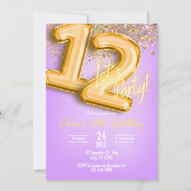 Purple Glitter 12th Birthday Invitation (Devant)