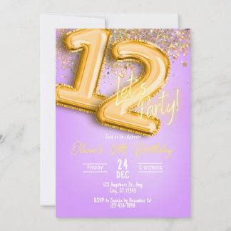 Purple Glitter 12th Birthday Invitation Einladung