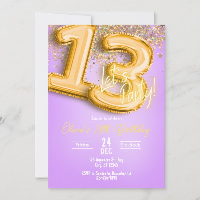 Purple Glitter 13th Birthday Invitation (Devant)