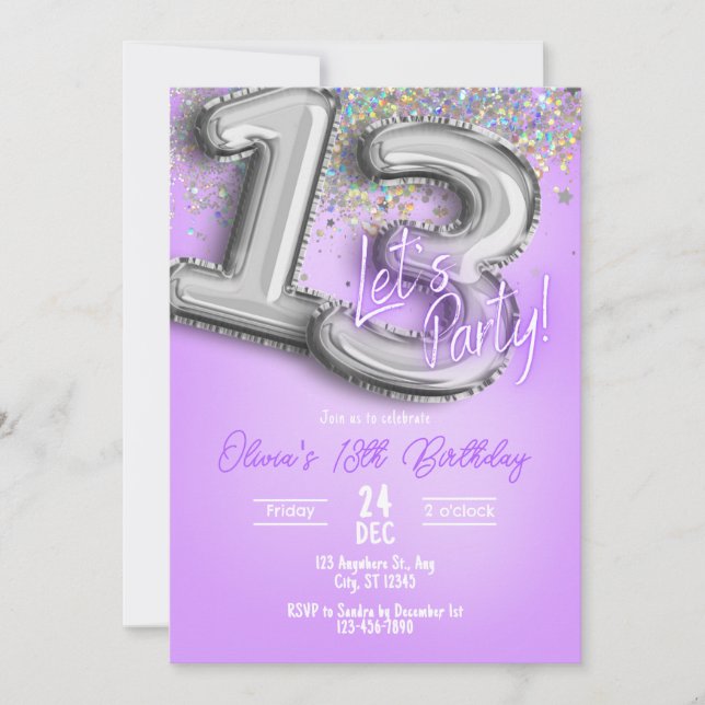 Purple Glitter 13th Birthday Invitation Einladung (Vorderseite)