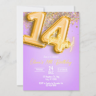 Purple Glitter 14th Birthday Invitation Einladung