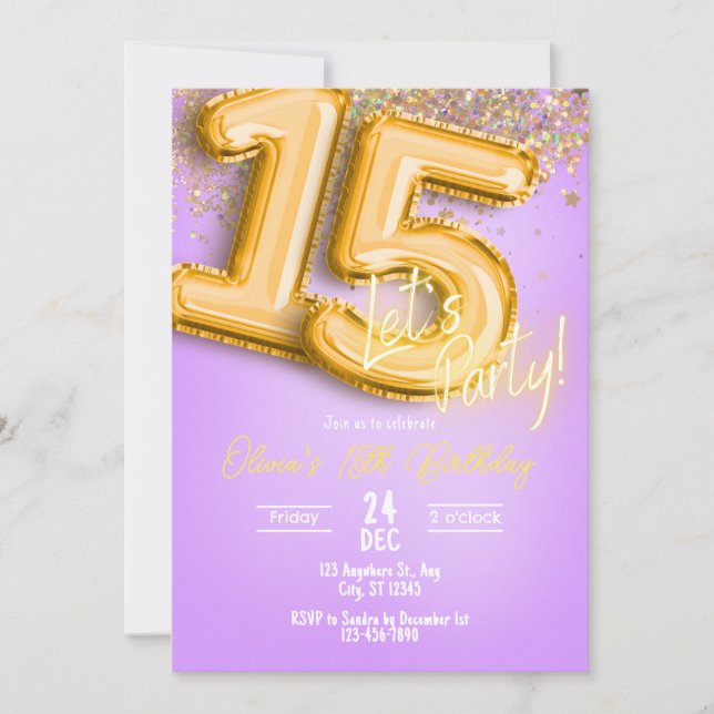 Purple Glitter 15th Birthday Invitation (Devant)