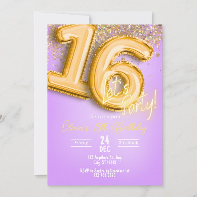 Purple Glitter 16th Birthday Invitation Einladung (Vorderseite)