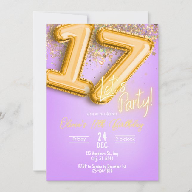 Purple Glitter 17th Birthday Invitation (Devant)