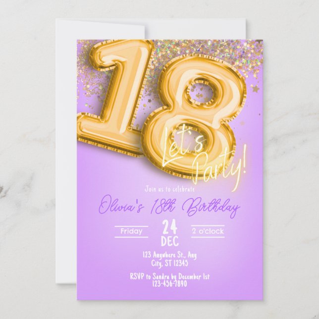 Purple Glitter 18th Birthday Invitation Einladung (Vorderseite)