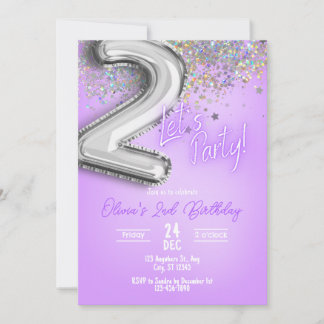 Purple Glitter 2nd Birthday Invitation Einladung