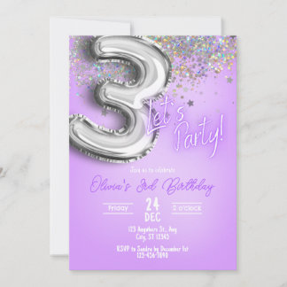 Purple Glitter 3rd Birthday Invitation Einladung