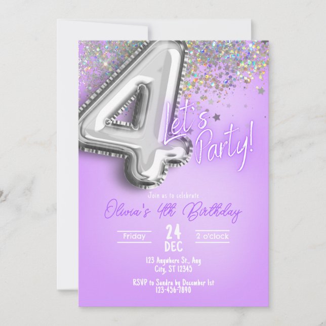 Purple Glitter 4th Birthday Invitation Einladung (Vorderseite)