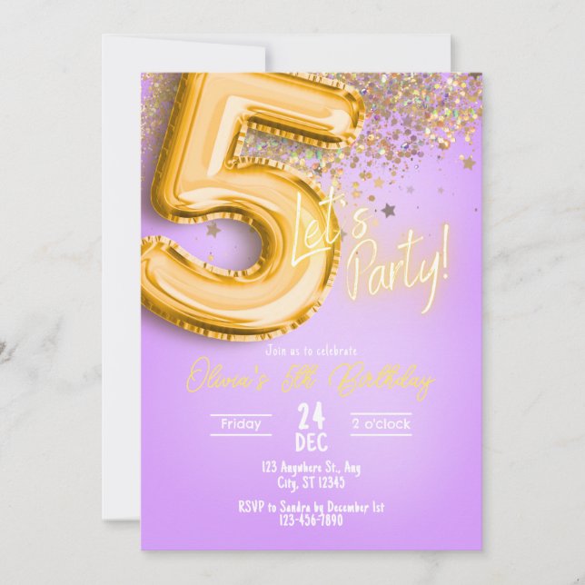 Purple Glitter 5th Birthday Invitation (Devant)