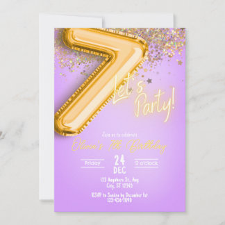 Purple Glitter 7th Birthday Invitation Einladung