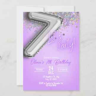 Purple Glitter 7th Birthday Invitation Einladung