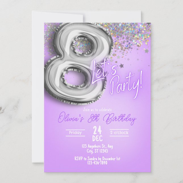 Purple Glitter 8th Birthday Invitation Einladung (Vorderseite)