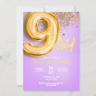 Purple Glitter 9th Birthday Invitation Einladung