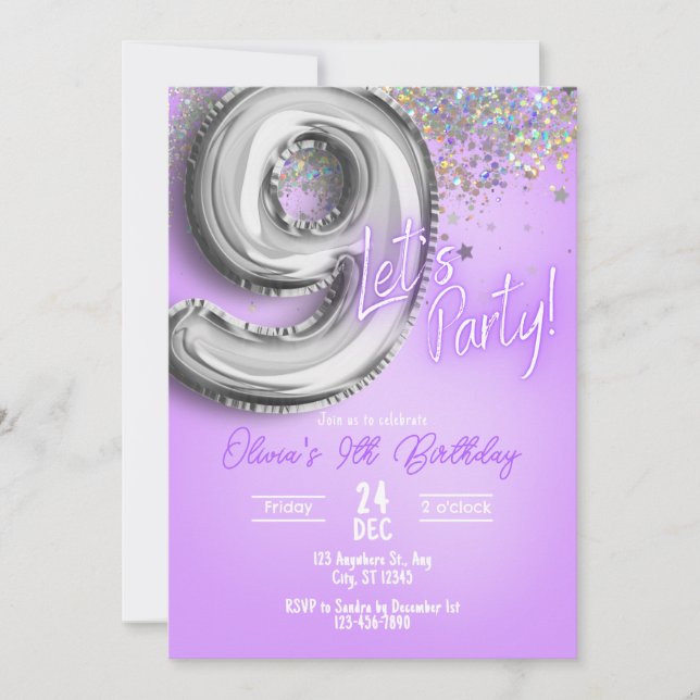 Purple Glitter 9th Birthday Invitation Einladung (Vorderseite)