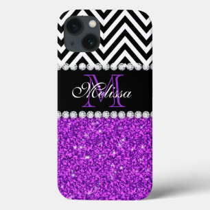 PURPLE GLITTER BLACK CHEVRON MONOGRAMMED Case-Mate iPhone HÜLLE