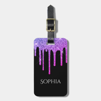 Purple Glitter Drips, Name & Info on Black Gepäckanhänger
