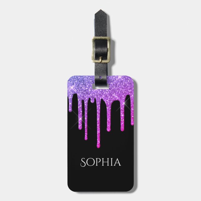 Purple Glitter Drips, Name & Info on Black Gepäckanhänger (Vorderseite vertikal)