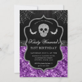 Purple Glitter Skull and Spider Web 21st Birthday Einladung