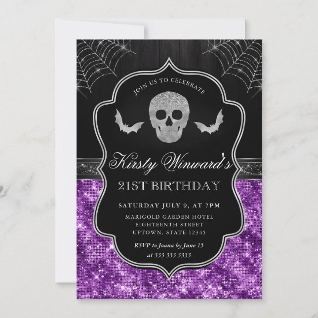Purple Glitter Skull and Spider Web 21st Birthday Einladung (Vorderseite)
