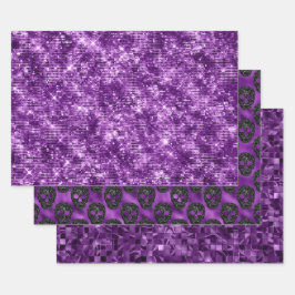 Purple Glitter Skull Halloween Pattern Design Geschenkpapier Set