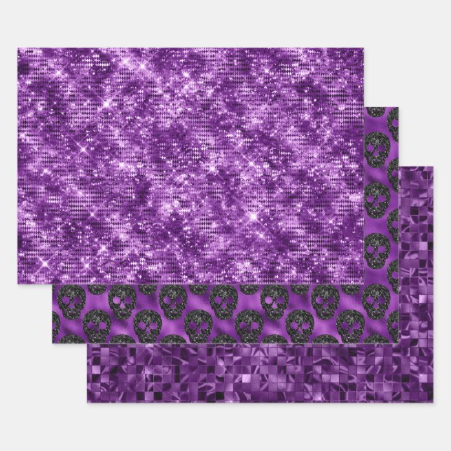 Purple Glitter Skull Halloween Pattern Design Geschenkpapier Set (Set)
