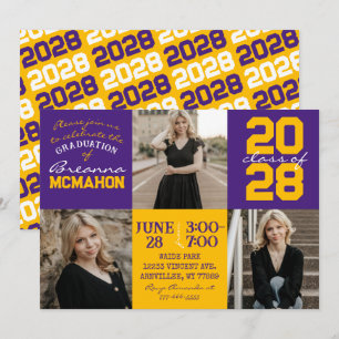 Purple & Gold 3 Photo Graduation Invitation
