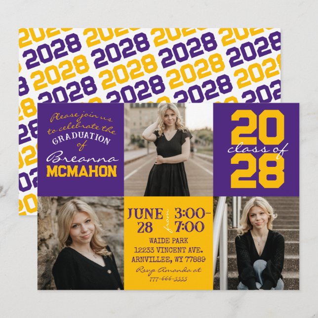 Purple & Gold 3 Photo Graduation Invitation (Devant / Derrière)