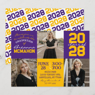 Purple & Gold 3 Photo Graduation Invitation