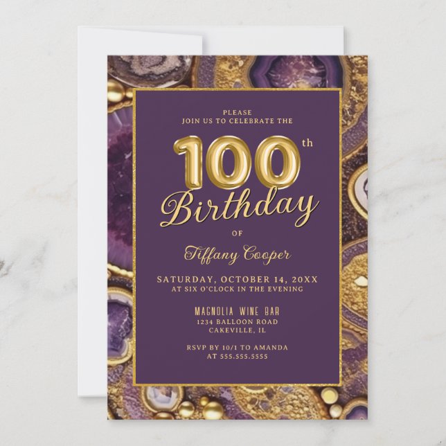 Purple Gold Agate 100e anniversaire Invitation (Devant)