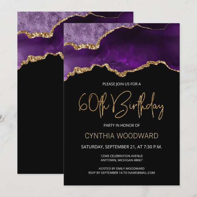 Purple Gold Agate 60e Anniversaire Fête Invitation (Devant / Derrière)
