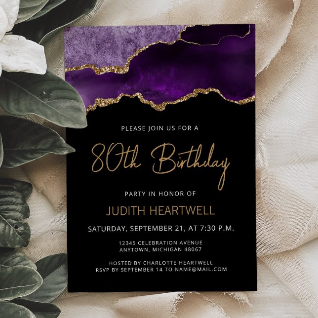 Purple Gold Agate 80e anniversaire Invitation (Créateur téléchargé)