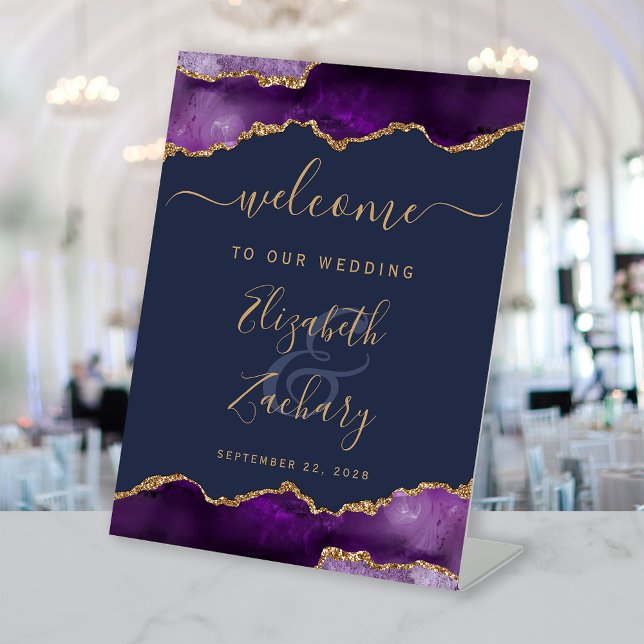 Purple Gold Agate Navy Blue Wedding Welcome Sockelschild (Von Creator hochgeladen)