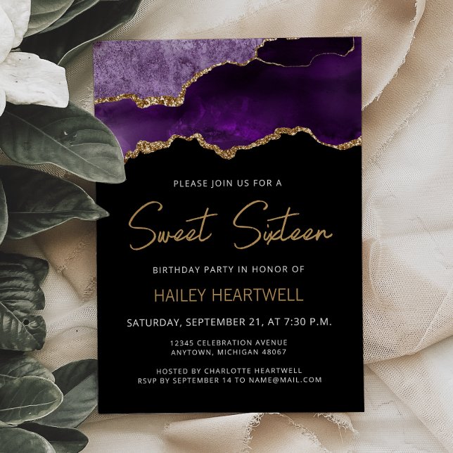 Purple Gold Agate Sweet 16 Anniversaire Invitation (Créateur téléchargé)