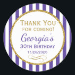 Purple Gold Birthday Thank You For Favor Tags Runder Aufkleber<br><div class="desc">Elegant birthday stickers featuring Purple and white stripes with sophisticated gold glitter accent frame. These fashionable and stylish birthday stickers will be a hit for any birthday party decor and as favor tags. Great for 21st 30th 35th 40th 45th 50th 55th 60th 65th 70th 75th 80th 85th 90th 95th, 100...</div>