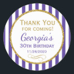 Purple Gold Birthday Thank You For Favor Tags Runder Aufkleber<br><div class="desc">Elegant birthday stickers featuring Purple and white stripes with sophisticated gold glitter accent frame. These fashionable and stylish birthday stickers will be a hit for any birthday party decor and as favor tags. Great for 21st 30th 35th 40th 45th 50th 55th 60th 65th 70th 75th 80th 85th 90th 95th, 100...</div>