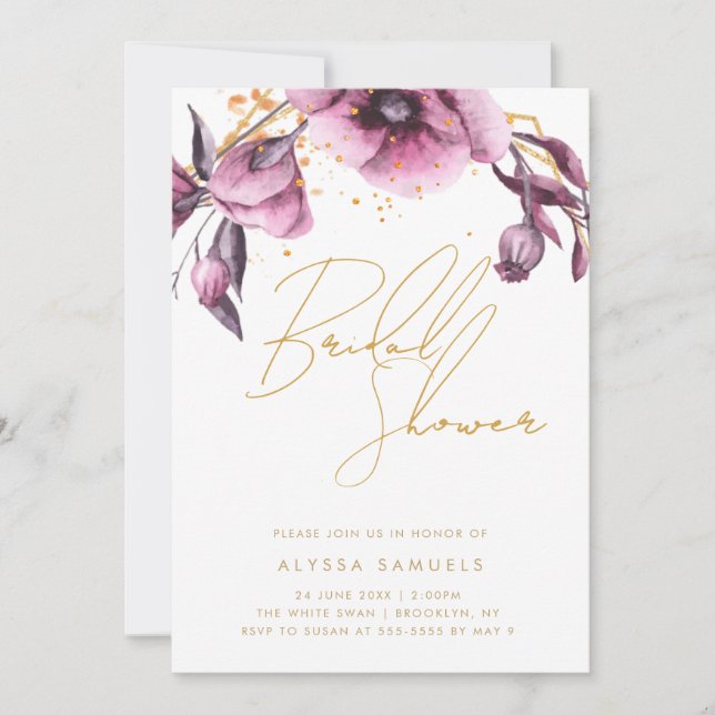 Purple Gold Chic Floral Douche nuptiale Invitation (Devant)