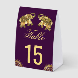 Purple Gold Elephants Indian Wedding Table Number Tischaufsteller