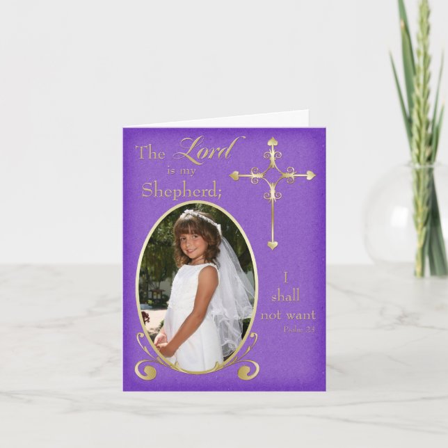 Purple Gold First Communion Carte de remerciements (Devant)