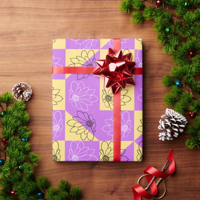Purple gold Flower seamless Checkerboard pattern Geschenkpapier (Feiertagsgeschenk)