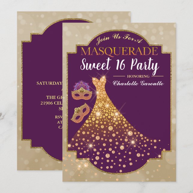 Purple Gold Glam Sweet 16 Anniversaire Invitation (Devant / Derrière)