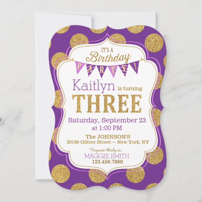 Purple Gold Glitter Sparkle Third Birthday Invite Einladung (Vorderseite)