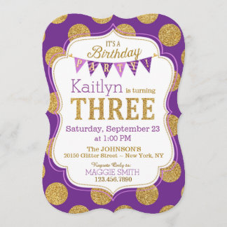 Purple Gold Glitter Sparkle Third Birthday Invite Einladung