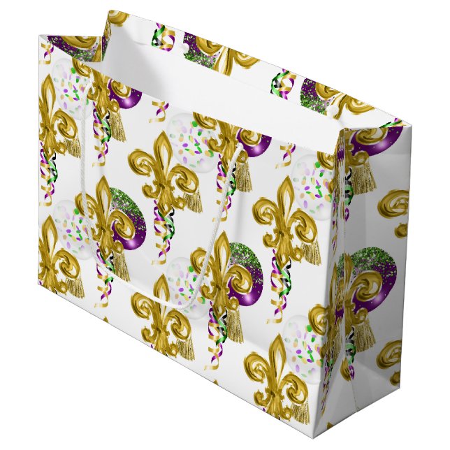 PURPLE GOLD GREEN MARDI GRAS FLEUR DE LIS GROßE GESCHENKTÜTE (Vorderseite Schrägansicht)