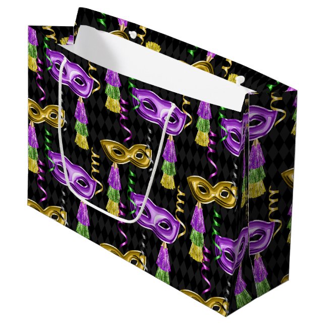 PURPLE GOLD GREEN MARDI GRAS MASKS GROßE GESCHENKTÜTE (Vorderseite Schrägansicht)
